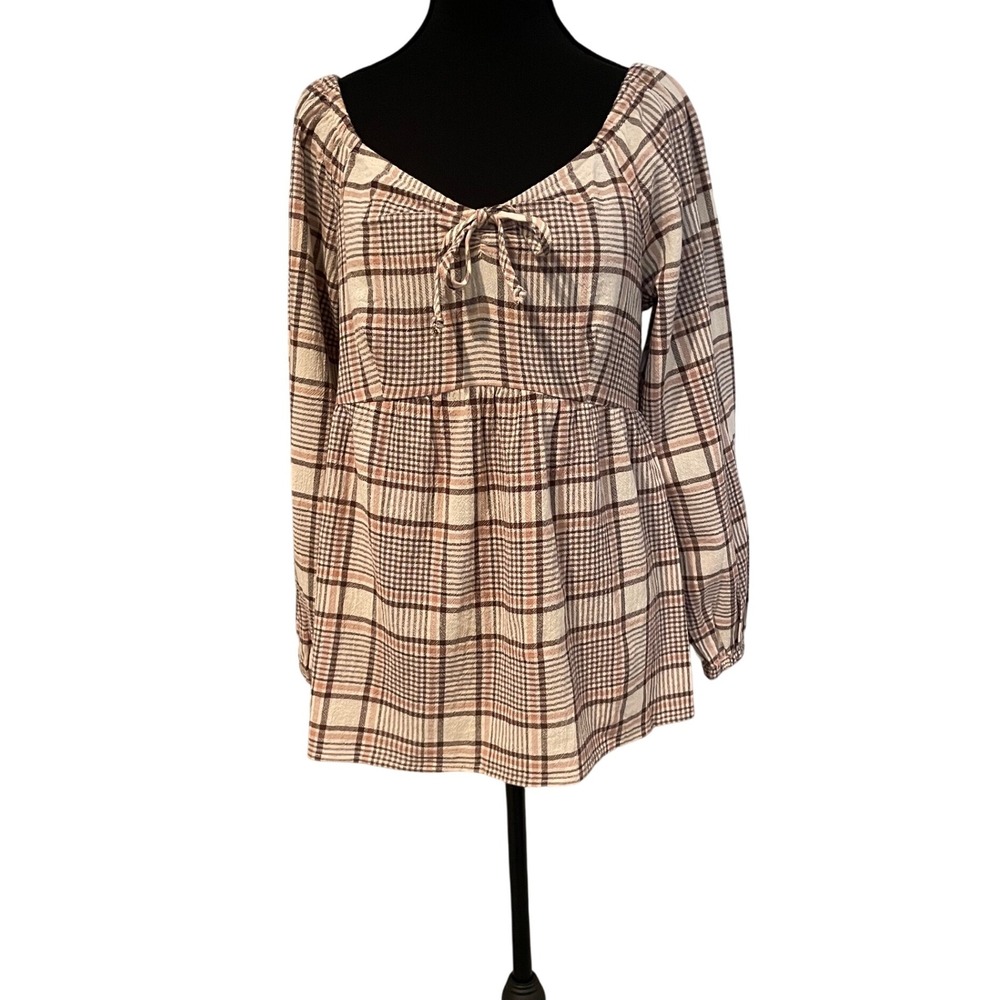 AVLN Studio‎ Women's Plaid Square Neck Tie Front Smocked Peplum Top Small